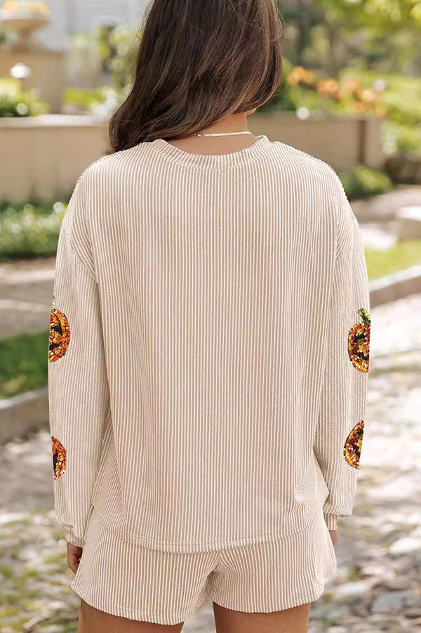 Conjunto de top holgado de manga larga con lentejuelas navideñas y pantalones cortos casuales con cintura elástica 