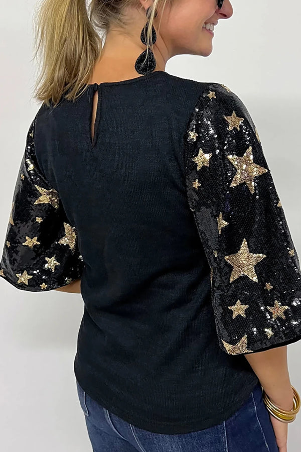 Black Star Sequin Patched Half Sleeve Blouse