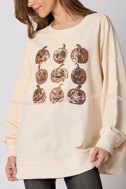 Halloween Pumpkin Sequin Loose Casual Sweatshirt
