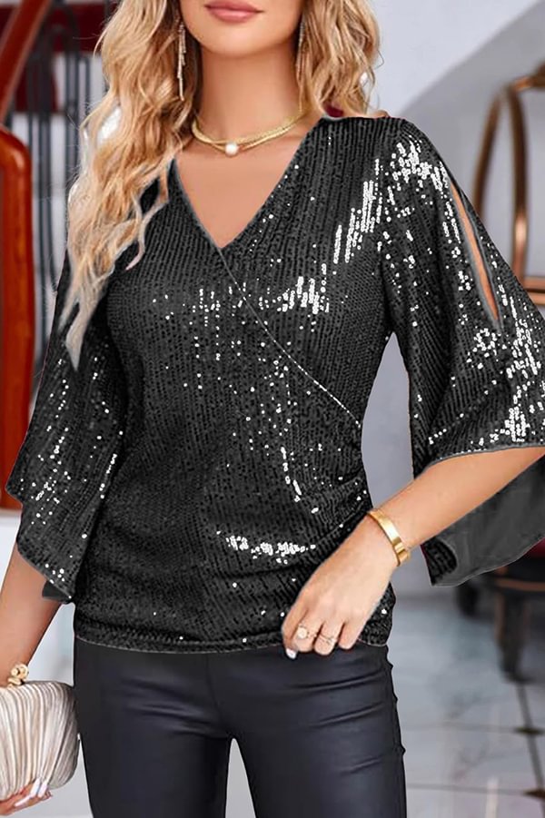 Top ajustado con mangas huecas y escote en V con lentejuelas de color liso