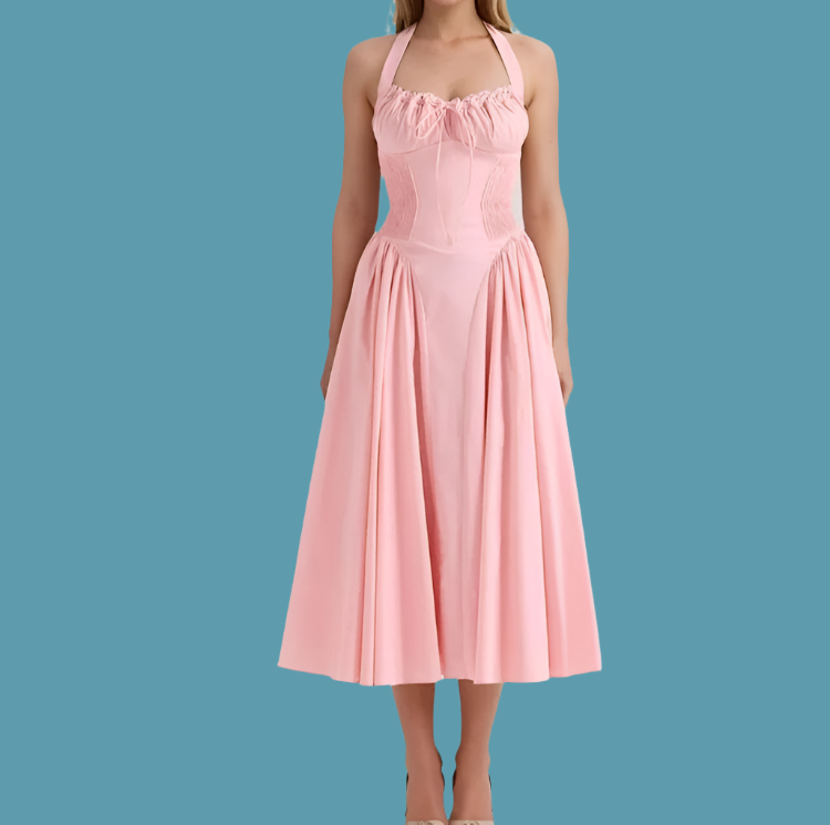 Corset Style Bow Halter Spliced Lace Midi Dress