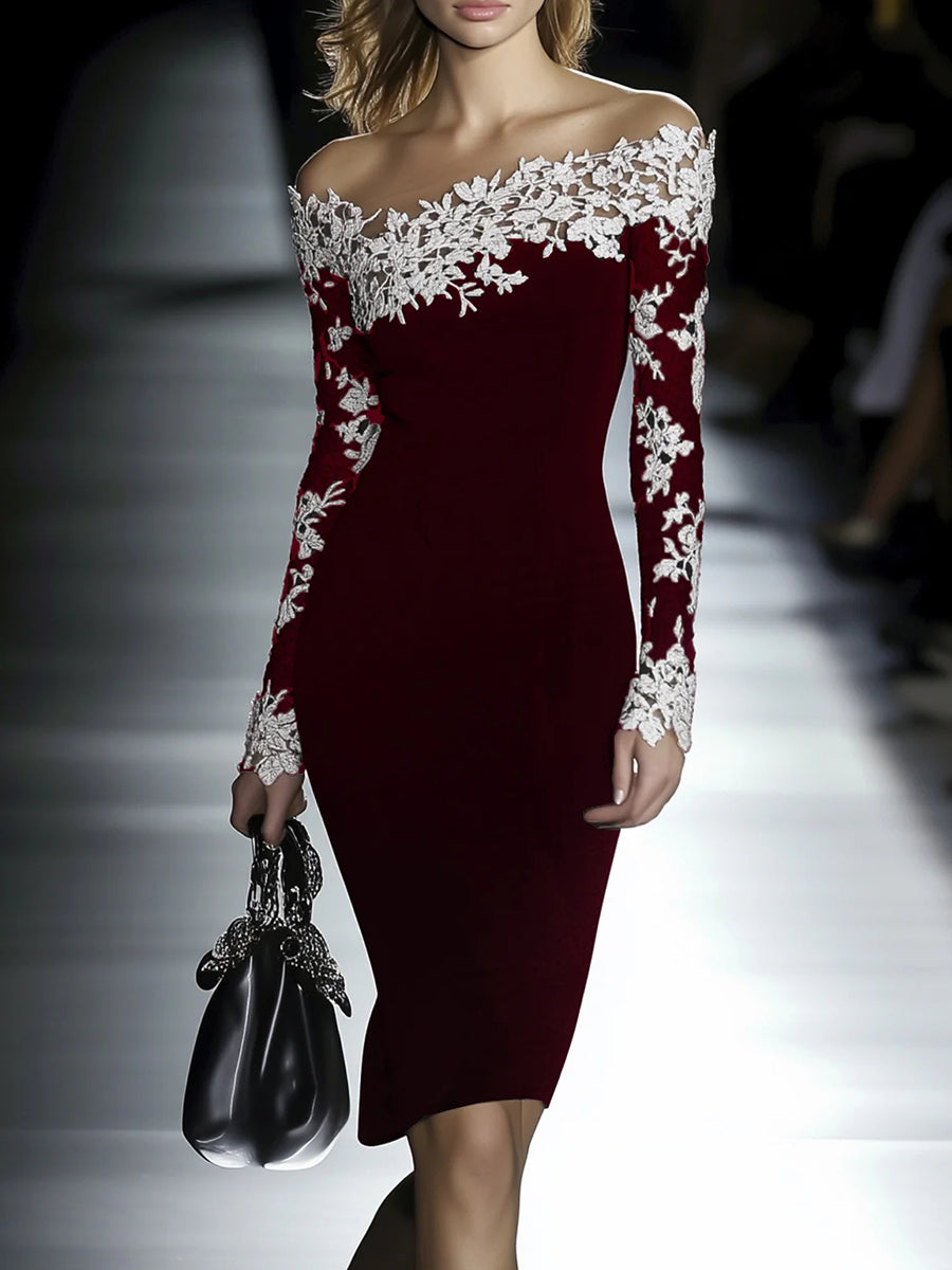 Cocktail Party Black Off The Shoulder Long Sleeve See Through Boho Contrast Lace Midi Dresses