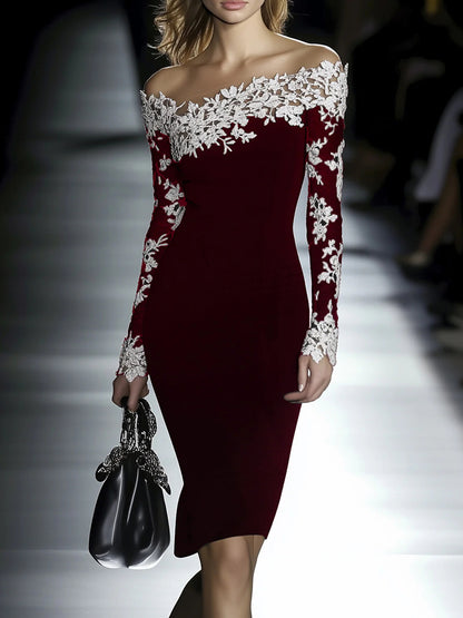 Cocktail Party Black Off The Shoulder Long Sleeve See Through Boho Contrast Lace Midi Dresses