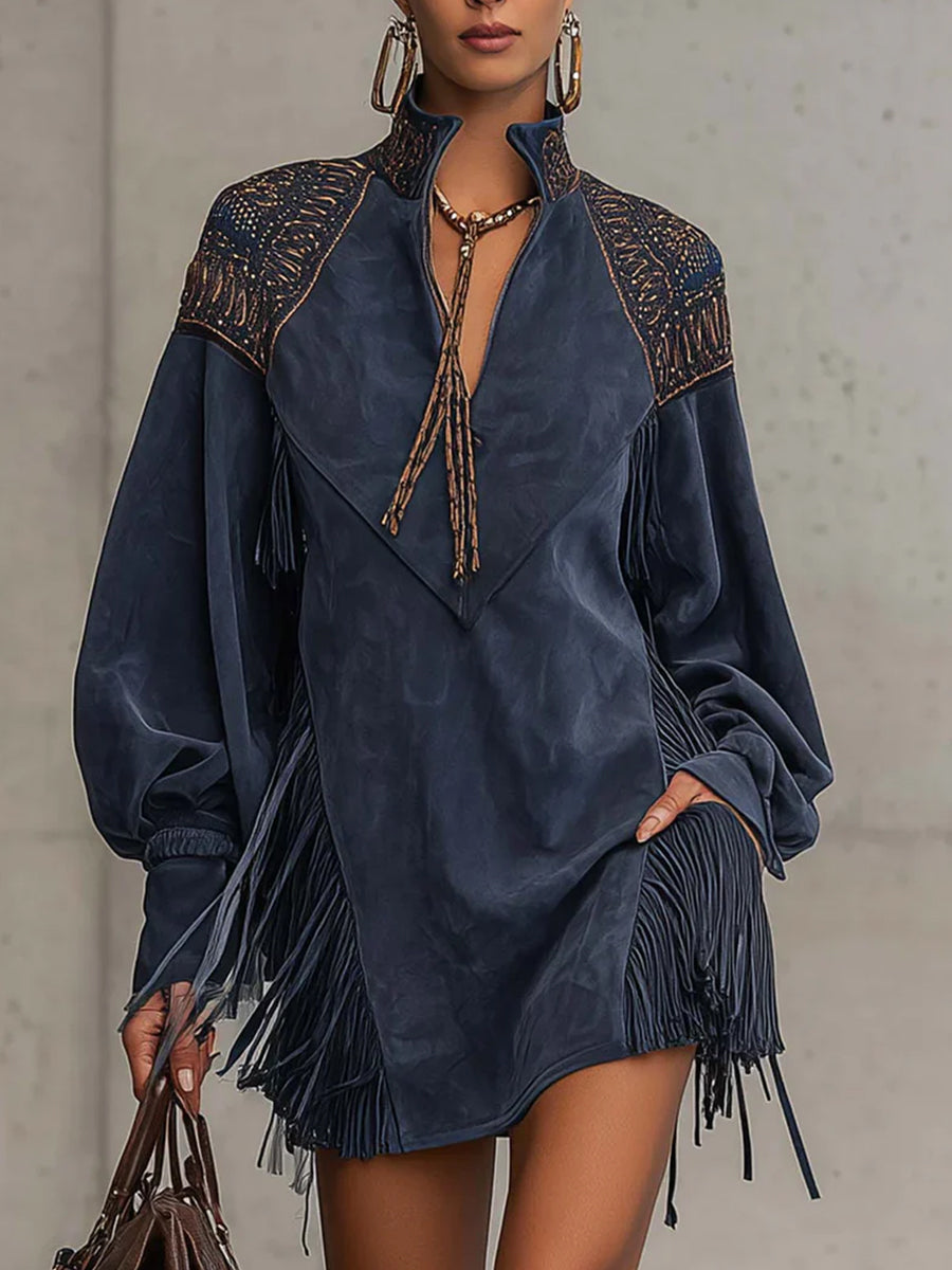 Festival Navy Blue V Neck Lantern Sleeve Long Sleeve Strappy Western Embroidery Chamois Mini Dresses