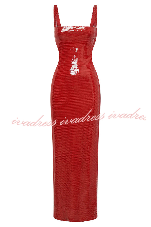 Eye Catching Sequin Cutout Waist Wide Strap Bacakless Maxi Dress