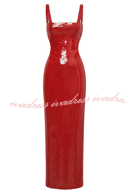 Eye Catching Sequin Cutout Waist Wide Strap Bacakless Maxi Dress