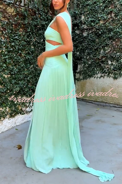 Vestido largo tipo capa de gasa con hombros descubiertos y abertura en la cintura, plisado, Forest Muse 