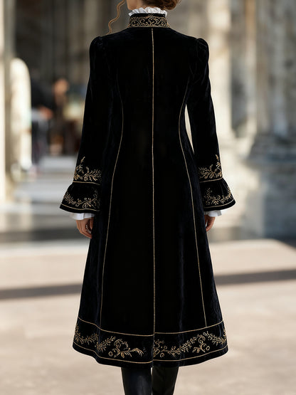 sheenchic Vintage Black Velvet Floral Embroidery Flare Sleeve Long Coat