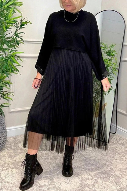 Fenna Ribbed Sequin Trim Batwing Sleeve Sweater and Pleated Tulle Stretch Tank Midi Dress Two-piece Set