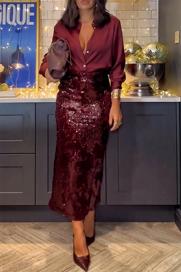 Feeling Festive Texture Sequin Elastic Waist Slit Maxi Skirt