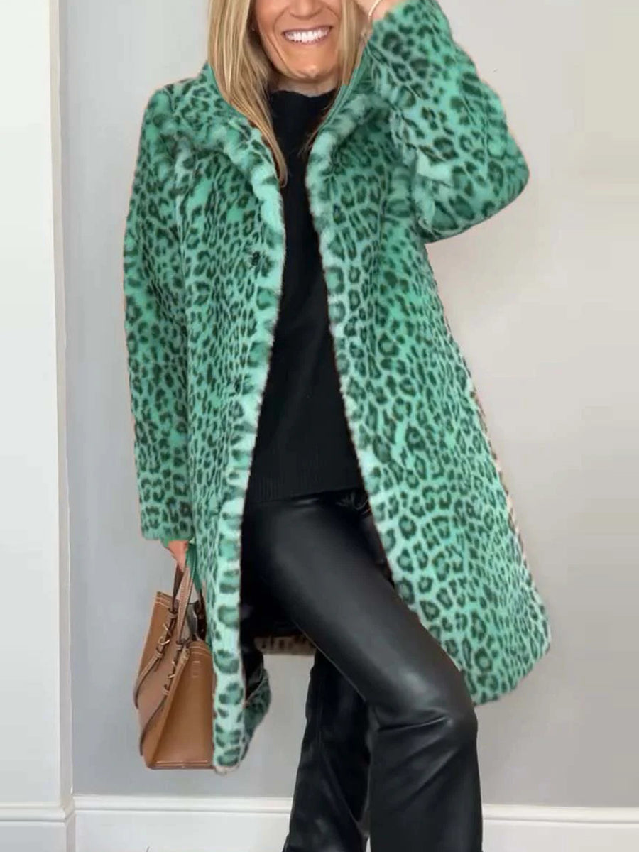 Daily Brown Leopard Turndown Collar Long Sleeve Vintage Faux Fur Coat