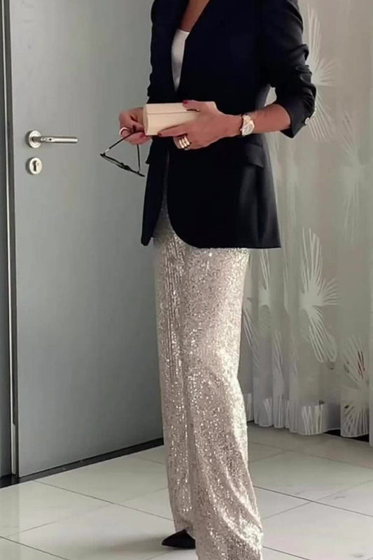 Pantalones rectos casuales de moda con lentejuelas de color sólido