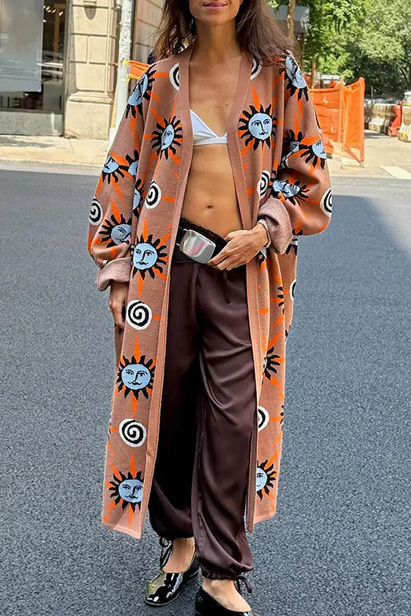 Cárdigan largo de manga acampanada con estampado único de vórtice solar de punto de arte mediterráneo 