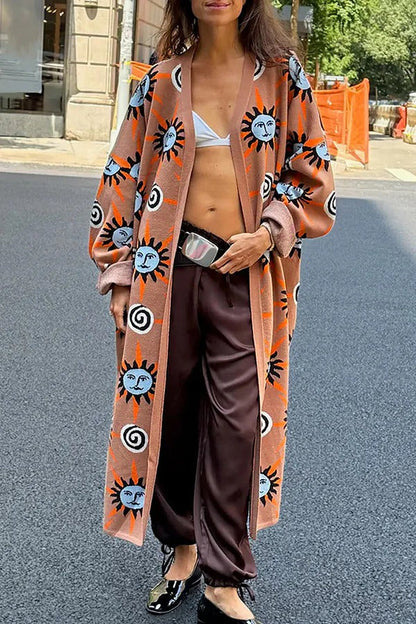 Cárdigan largo de manga acampanada con estampado único de vórtice solar de punto de arte mediterráneo 