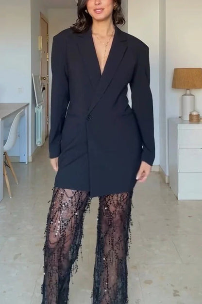 Blazer Yulissa de manga larga con un solo botón, cintura ajustada, espalda abierta, solapa y bolsillos 