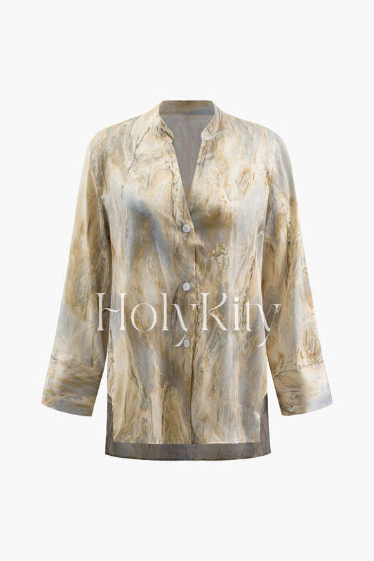 Marble Print Asymmetric Long Sleeve Blouse