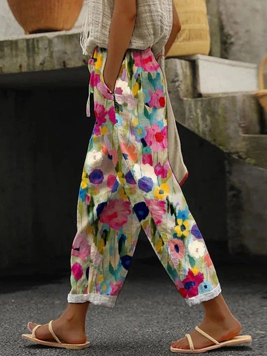 Casual Floral Pattern Pocket Straight Leg Pants