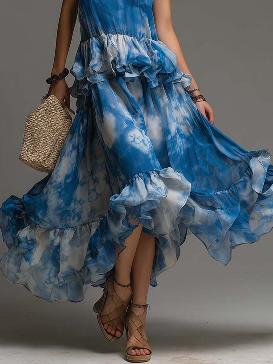 Bohemian Tie-Dye Print Ruffled Maxi Dress