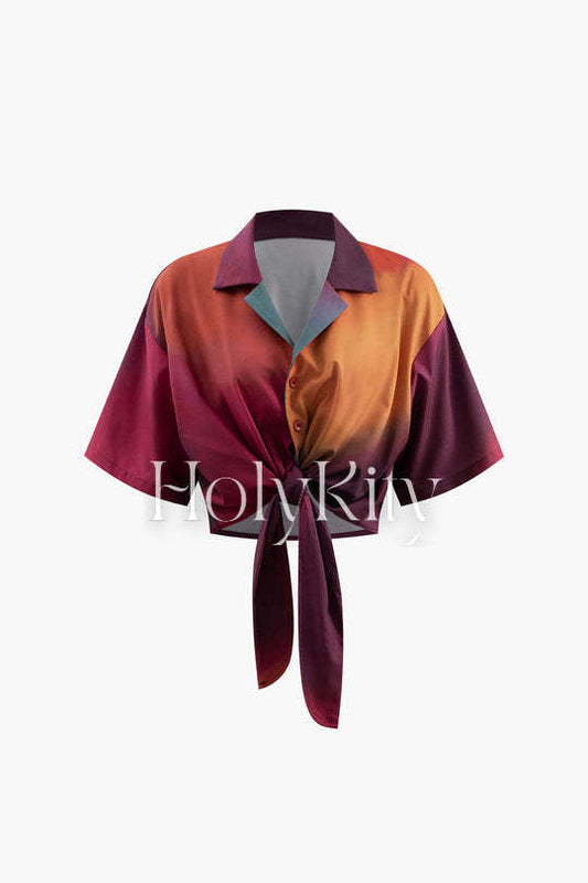 Ombre Satin Knot Hem Blouse