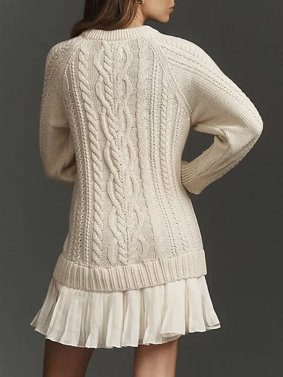 Daily Chiffon Beige Round Neck Long Sleeve Contrast Casual Knitted Mini Dresses