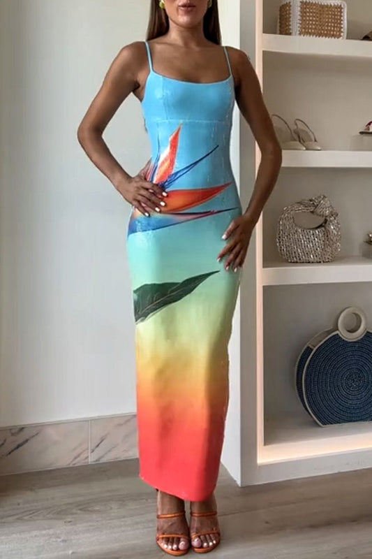 Vestido largo elástico con abertura y estampado floral degradado único de lentejuelas de ensueño 