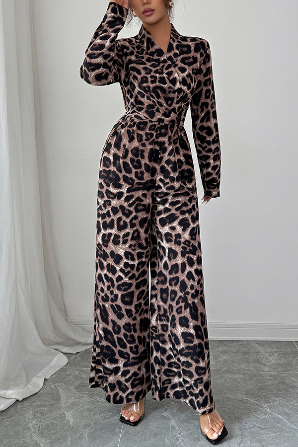 Fashionable Leopard Print Long-sleeved High-waisted Casual Wide-leg Jumpsuit