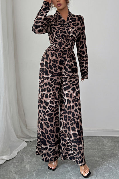 Fashionable Leopard Print Long-sleeved High-waisted Casual Wide-leg Jumpsuit
