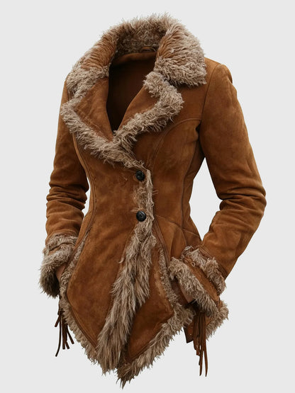 Daily Faux Fur Brown Turndown Collar Long Sleeve Asymmetric Hem Western Pocket Chamois Jacket
