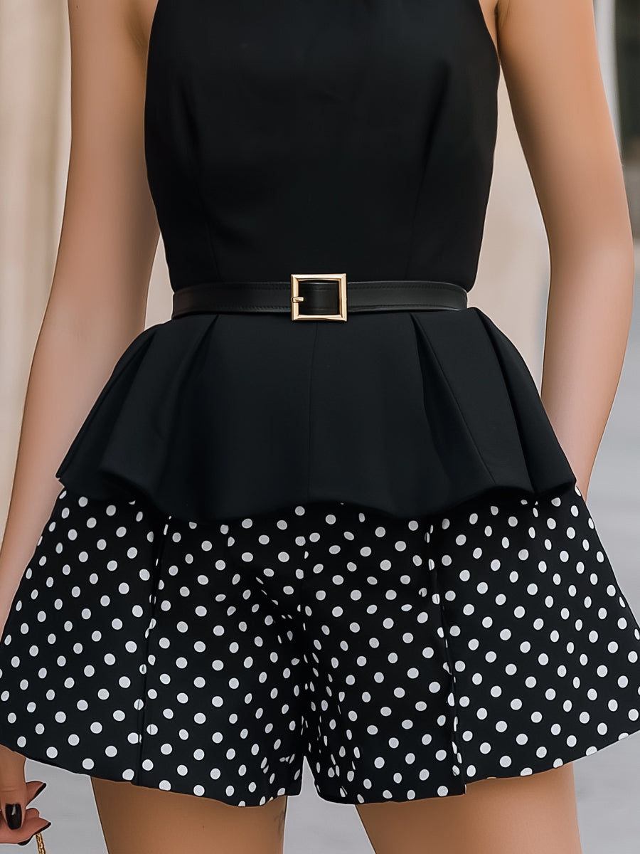 Halter-Neck Peplum Top & Polka Dot Shorts Two-Piece Set