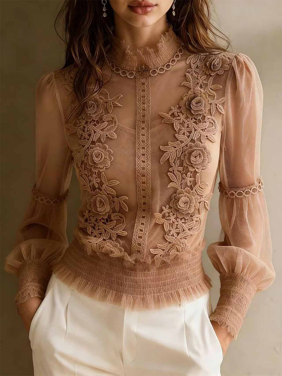 Semi Formal Tulle Pink Stand-Up Collar Long Sleeve 3D Elegant See Through Lace Blouses