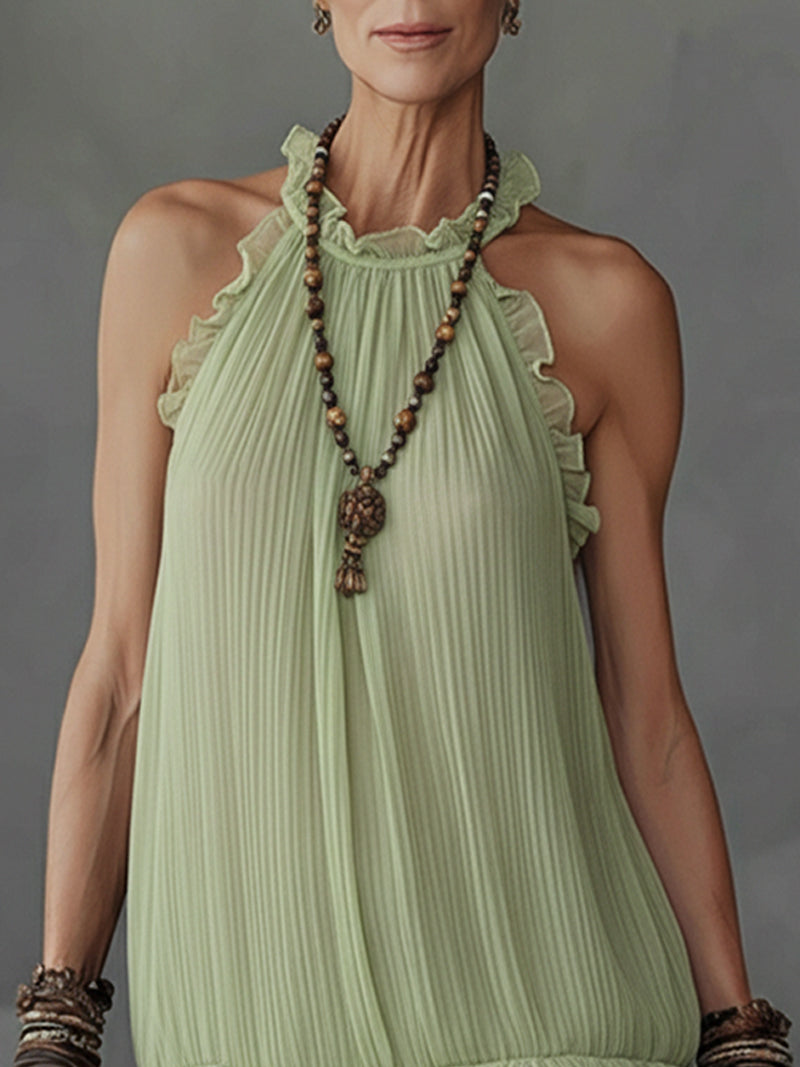 Green Pleated Chiffon Halter Mini Dress with Brown Lace Trim