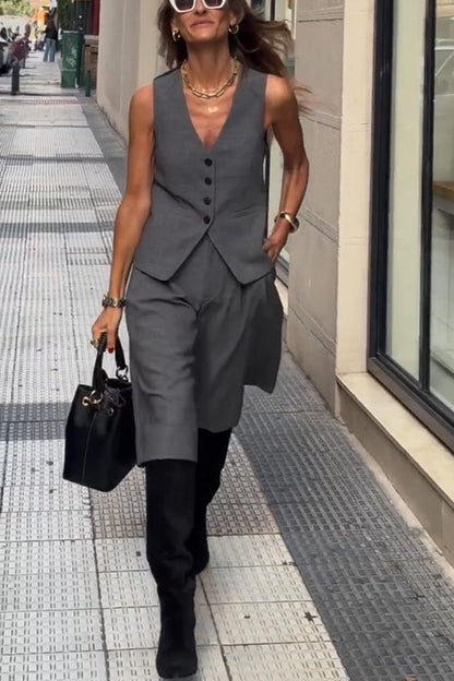 Office Social Button Back Tie-up Vest and Pocketed Wide Leg Midi Pants Set