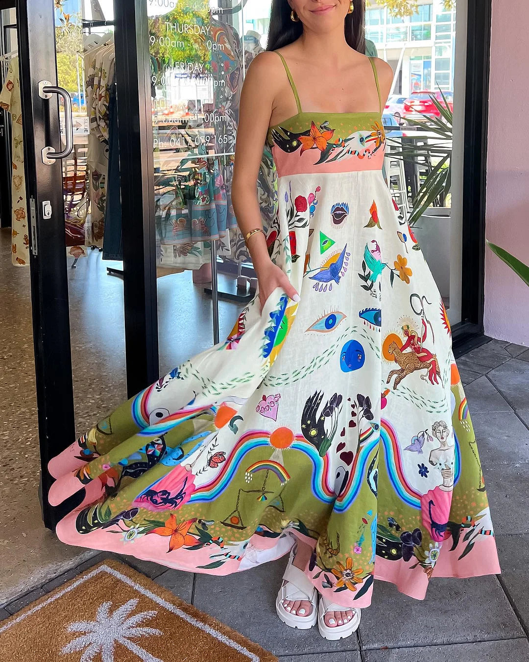 Vestido lencero con estampado de pintura y posicionamiento elegante