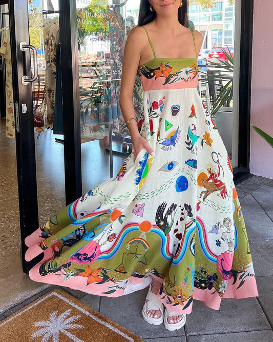 Vestido lencero con estampado de pintura y posicionamiento elegante