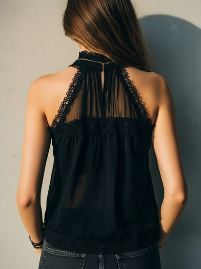 sheenchic Daily Lace Black Halter Collar See Through Casual Contrast Tulle Blouses [Pre-Order]