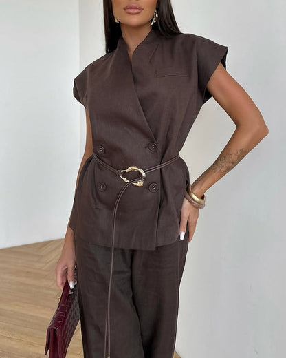 Double-breasted Linen Top & Pants Two-piece Set
