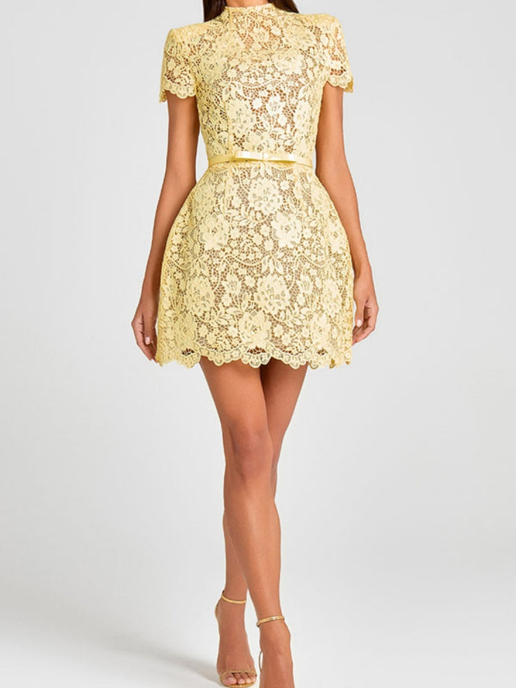 Embroidered Lace Belted Sheer Mini Dress