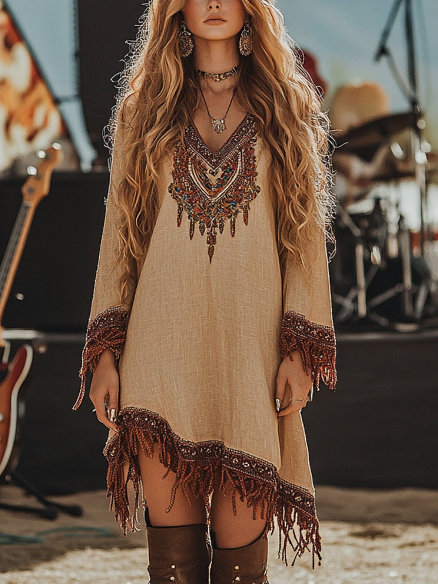 Vacation Tribal V Neck Long Sleeve Boho Linen Mini Dresses