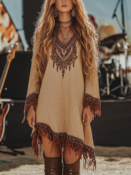 Vacation Tribal V Neck Long Sleeve Boho Linen Mini Dresses