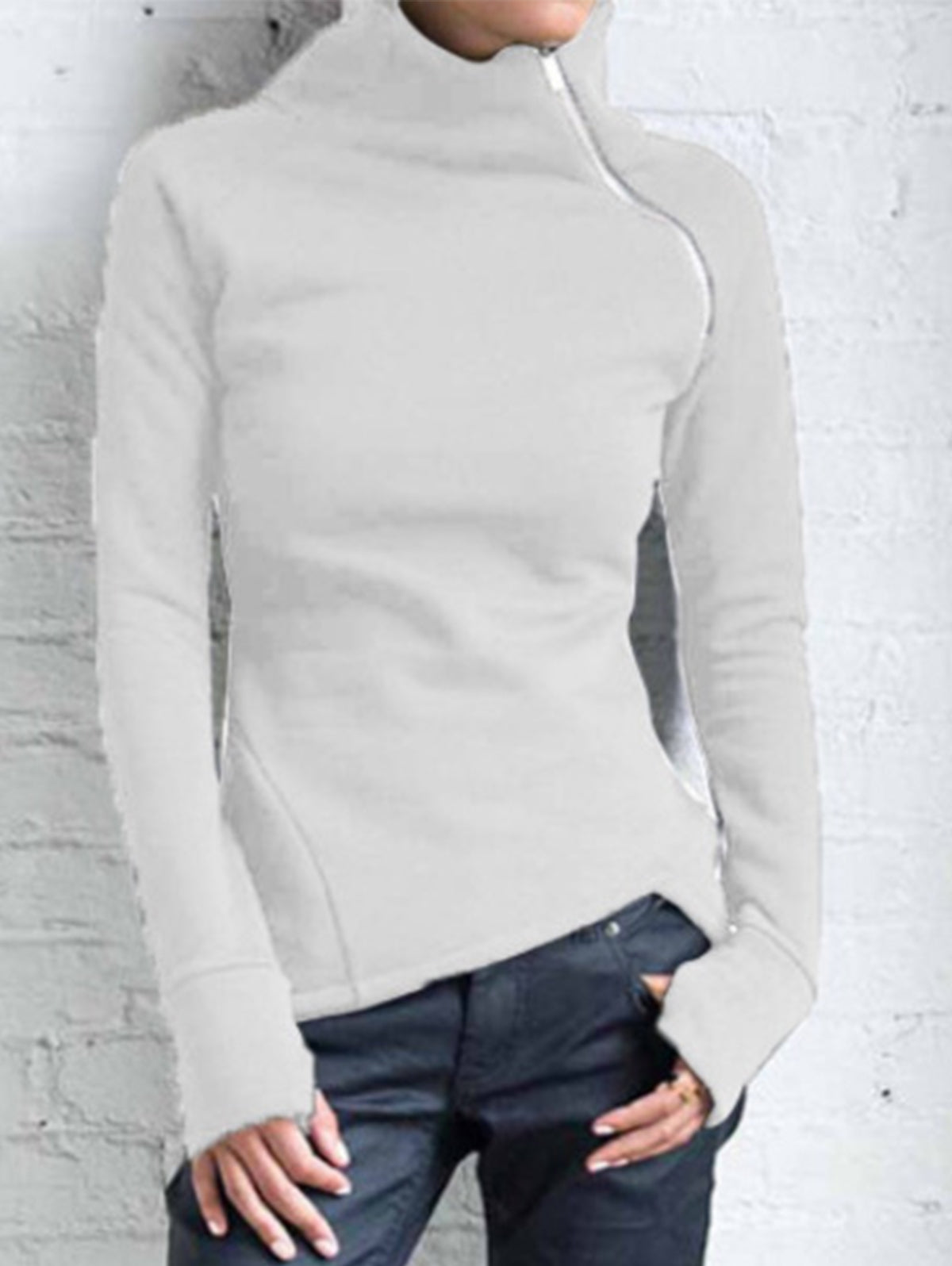 Casual High Neck Slant Zipper Long Sleeve Sweatshirt