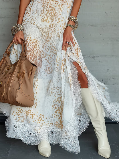 White Chiffon Leopard Print Lace-Trim Halter Maxi Dress