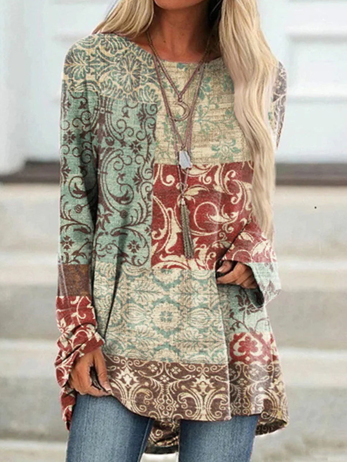 Ethnic Retro Print Crew Neck Long Sleeve T-Shirt