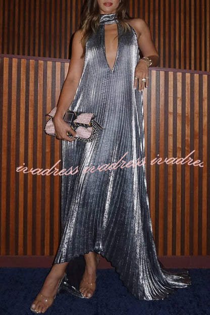 Celebration Party Pleated Metallic Fabric High Deep V-cutout Halter Neck A-line Maxi Dress