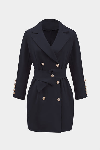 Ruched Belted Button Long Sleeve Notched Lapel Blazer