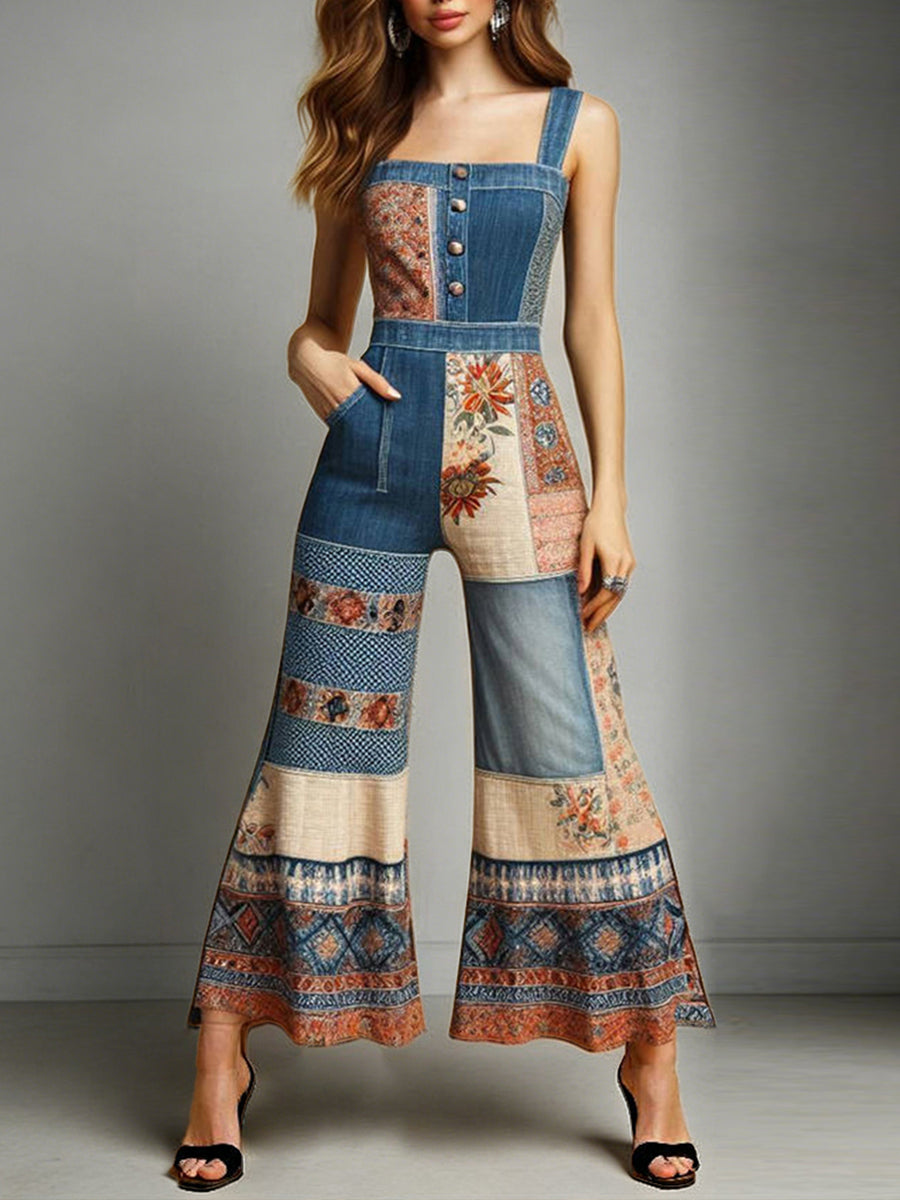 sheenchic Vacation Blue Denim Print Square Neck Pocket Western Contrast Jumpsuits [Pre-Order]
