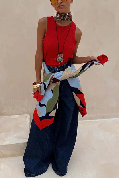 Cárdigan holgado de manga larga con botones y bloques de colores abstractos de punto brillante y atrevido 