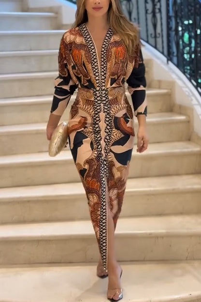 Brazilian Style Unique Print Dolman Long Sleeve Ruched Slit Midi Dress  Vestidos