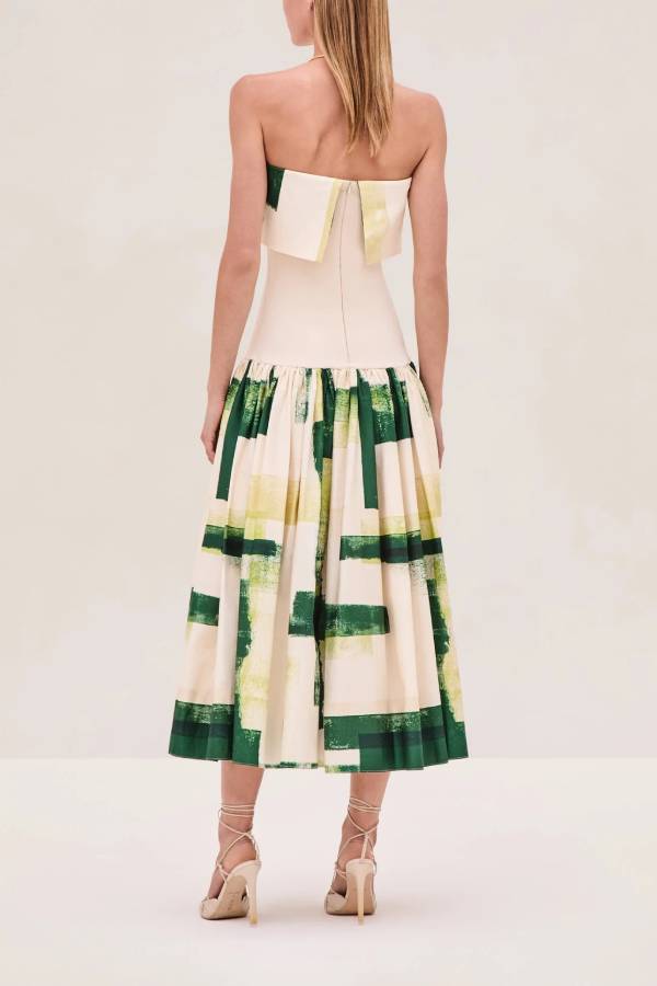 Robia Unique Print Ribbed Elastic Waist Pocketed Strapless Midi Dress