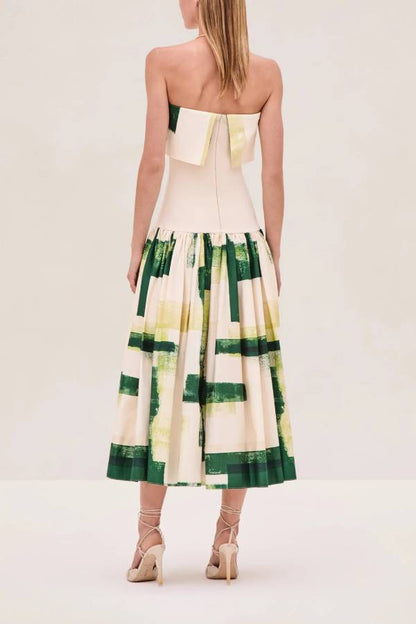 Robia Unique Print Ribbed Elastic Waist Pocketed Strapless Midi Dress