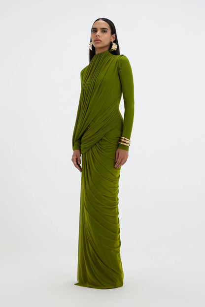 Sculptural Matcha Draped Maxi Dress